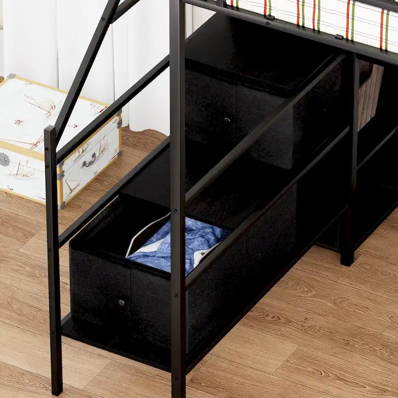 Cama alta de metal de tamaño completo con escritorio en forma de L, luces LED y base de carga