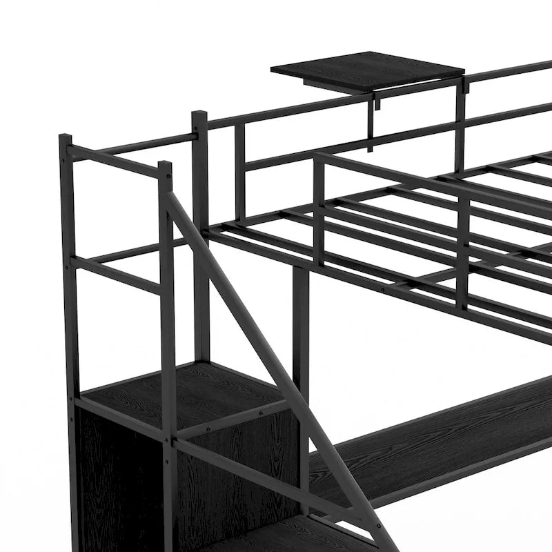 Cama alta de metal de tamaño completo con escritorio en forma de L, luces LED y base de carga