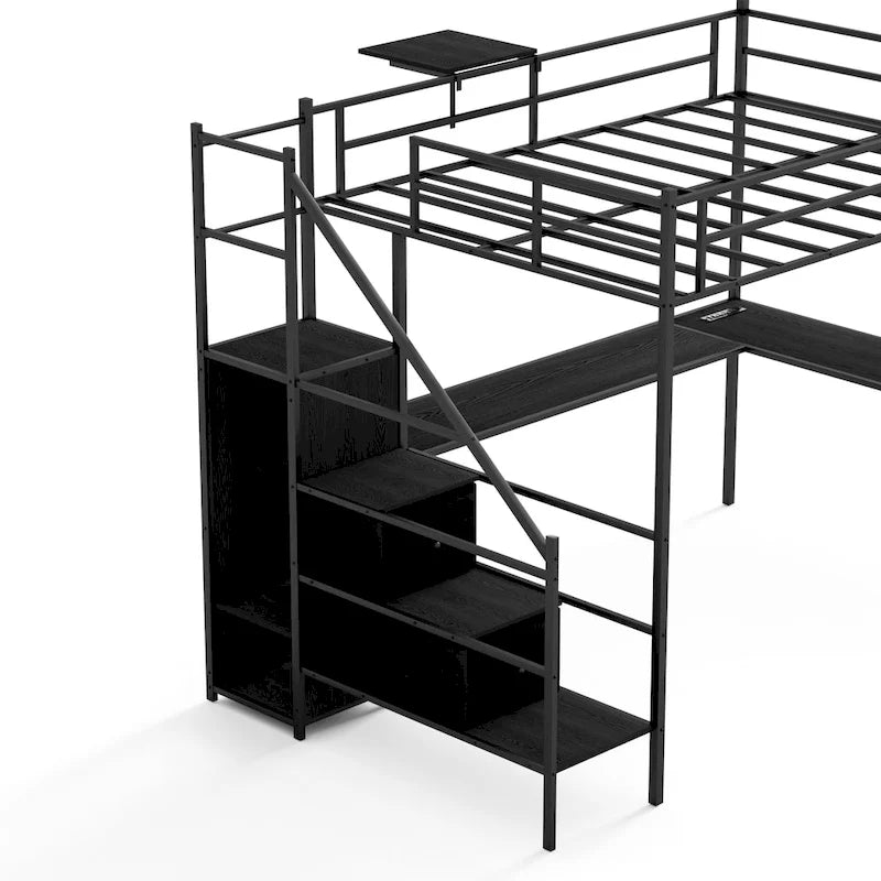 Cama alta de metal de tamaño completo con escritorio en forma de L, luces LED y base de carga