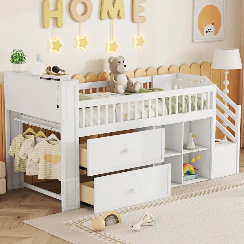 Cama alta Twin Size con LED y estantería, cama alta baja de madera con escaleras