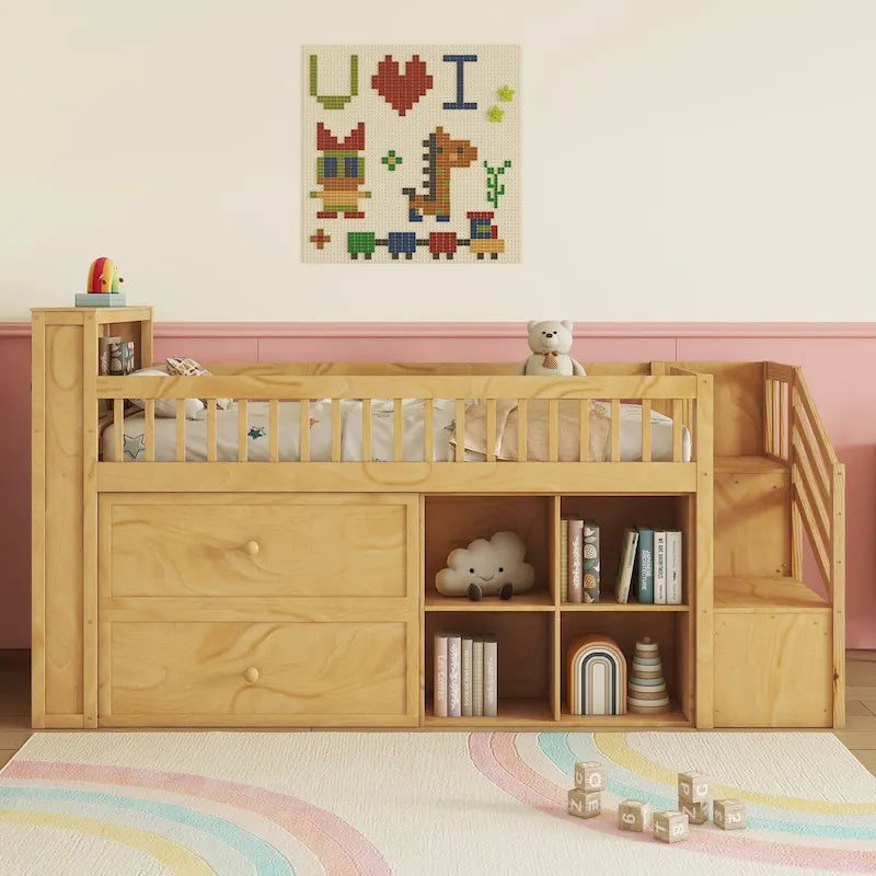 Cama alta Twin Size con LED y estantería, cama alta baja de madera con escaleras