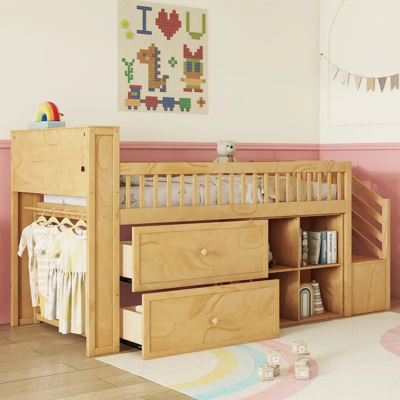 Cama alta Twin Size con LED y estantería, cama alta baja de madera con escaleras