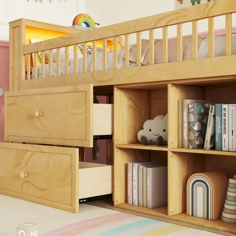 Cama alta Twin Size con LED y estantería, cama alta baja de madera con escaleras