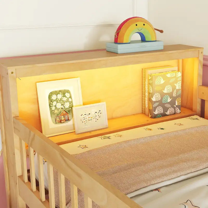 Cama alta Twin Size con LED y estantería, cama alta baja de madera con escaleras