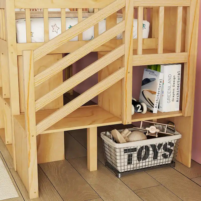 Cama alta Twin Size con LED y estantería, cama alta baja de madera con escaleras