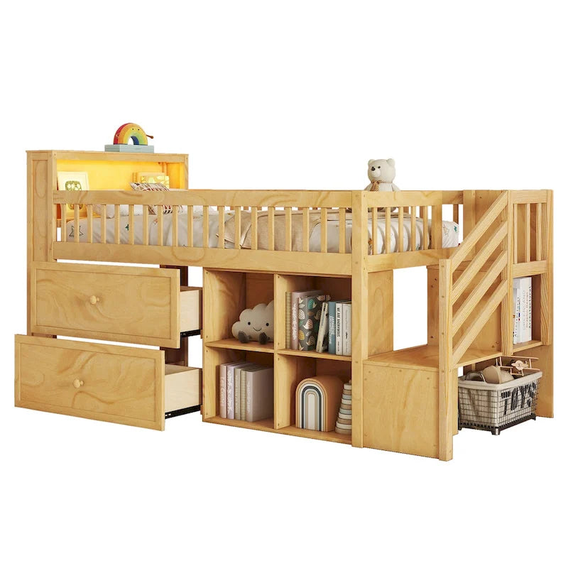 Cama alta Twin Size con LED y estantería, cama alta baja de madera con escaleras