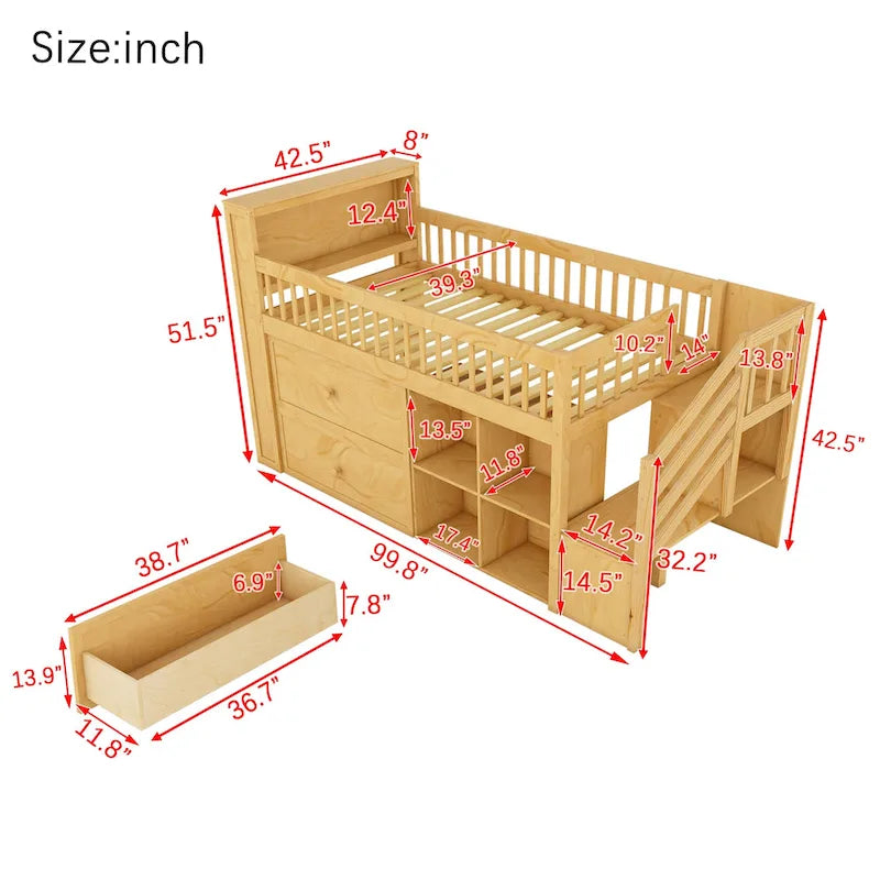 Cama alta Twin Size con LED y estantería, cama alta baja de madera con escaleras