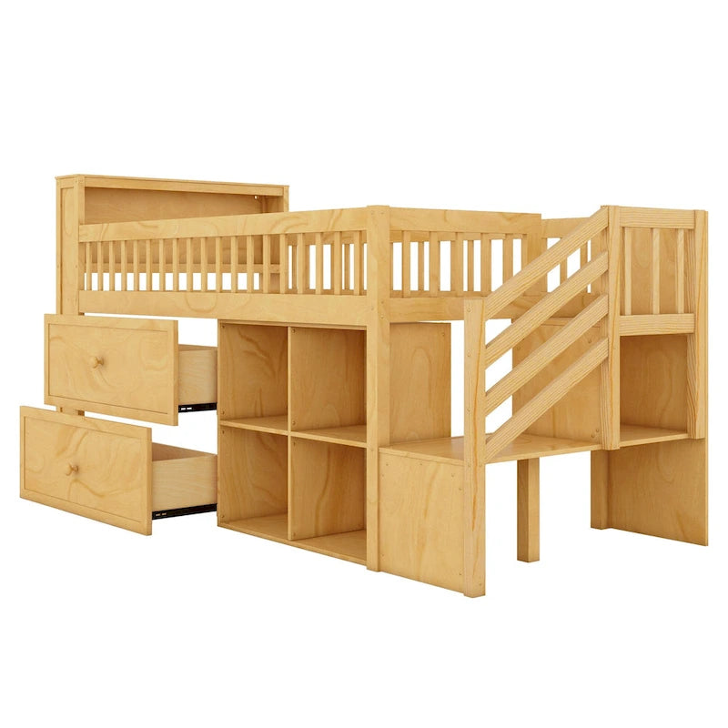 Cama alta Twin Size con LED y estantería, cama alta baja de madera con escaleras