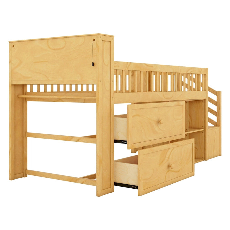 Cama alta Twin Size con LED y estantería, cama alta baja de madera con escaleras