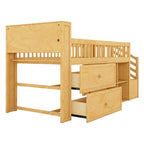 Cama alta Twin Size con LED y estantería, cama alta baja de madera con escaleras