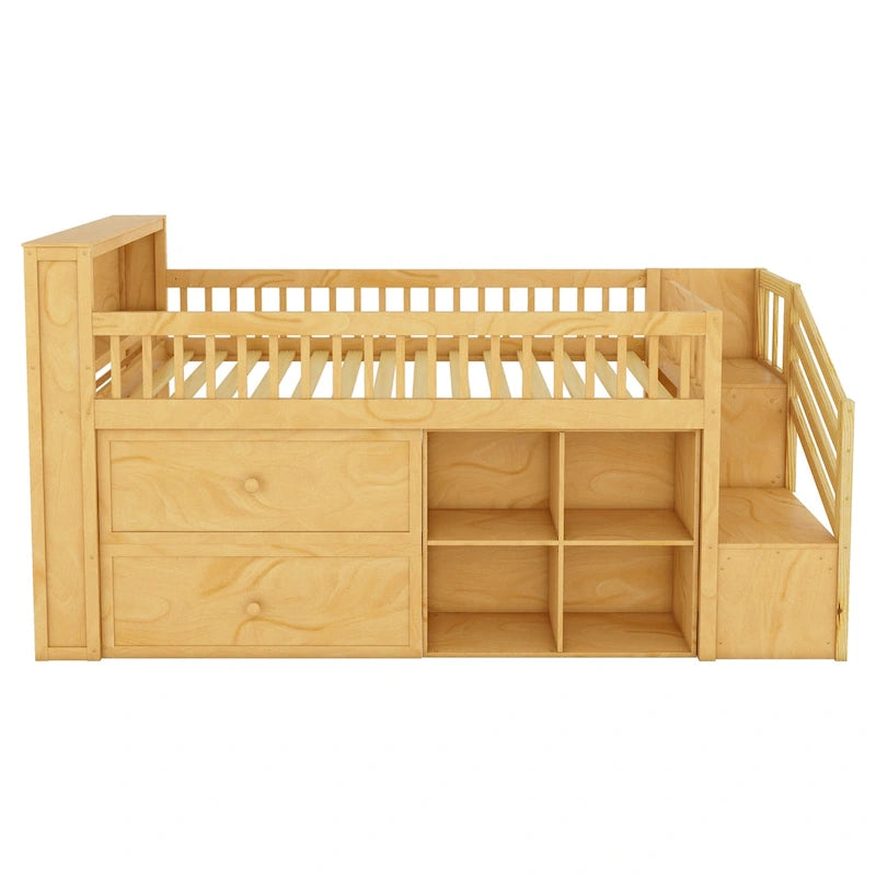 Cama alta Twin Size con LED y estantería, cama alta baja de madera con escaleras