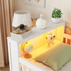 Cama alta Twin Size con LED y estantería, cama alta baja de madera con escaleras