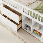 Cama alta Twin Size con LED y estantería, cama alta baja de madera con escaleras