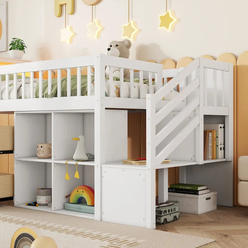 Cama alta Twin Size con LED y estantería, cama alta baja de madera con escaleras