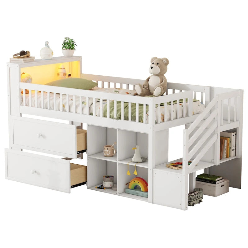 Cama alta Twin Size con LED y estantería, cama alta baja de madera con escaleras