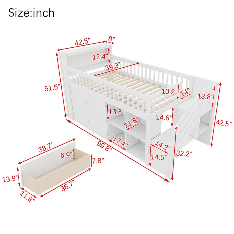 Cama alta Twin Size con LED y estantería, cama alta baja de madera con escaleras