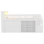 Cama alta Twin Size con LED y estantería, cama alta baja de madera con escaleras