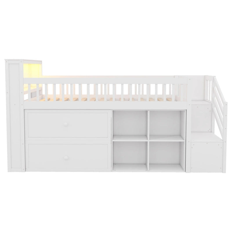 Cama alta Twin Size con LED y estantería, cama alta baja de madera con escaleras