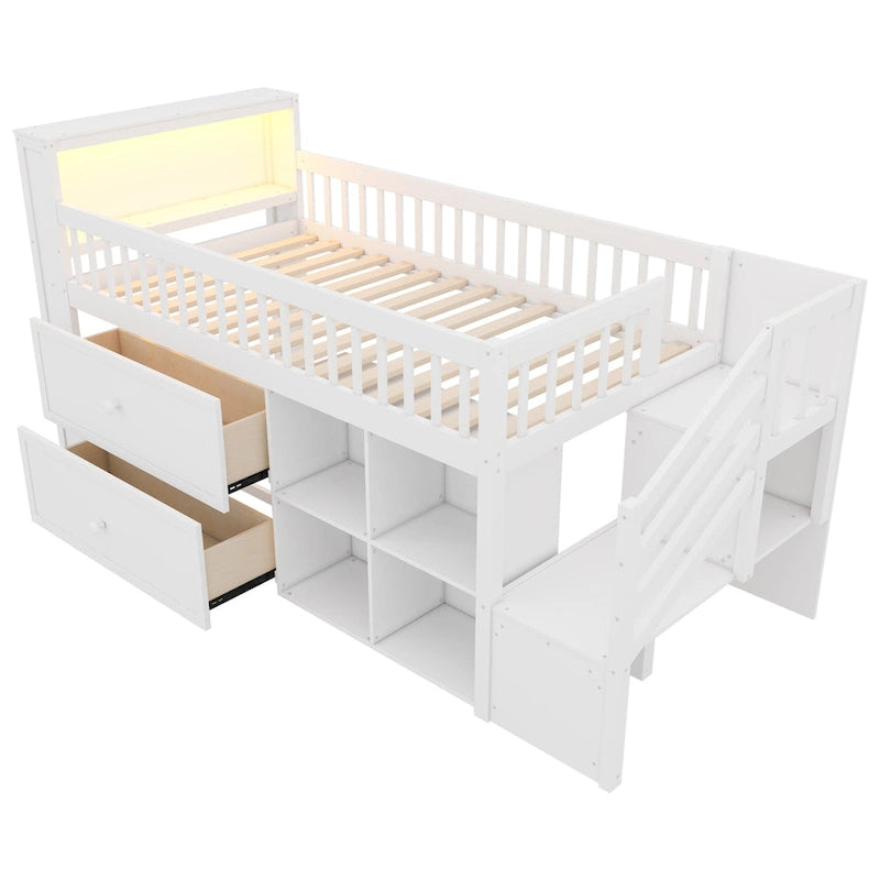 Cama alta Twin Size con LED y estantería, cama alta baja de madera con escaleras