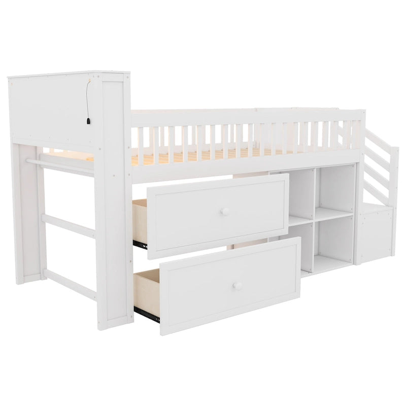 Cama alta Twin Size con LED y estantería, cama alta baja de madera con escaleras