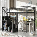 Cama alta de metal con escalera de almacenamiento y pequeño armario, estructura de cama alta individual con rejilla de metal y barandillas para niños