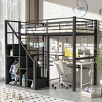 Cama alta de metal con escalera de almacenamiento y pequeño armario, estructura de cama alta individual con rejilla de metal y barandillas para niños