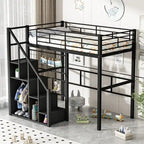 Cama alta de metal con escalera de almacenamiento y pequeño armario, estructura de cama alta individual con rejilla de metal y barandillas para niños