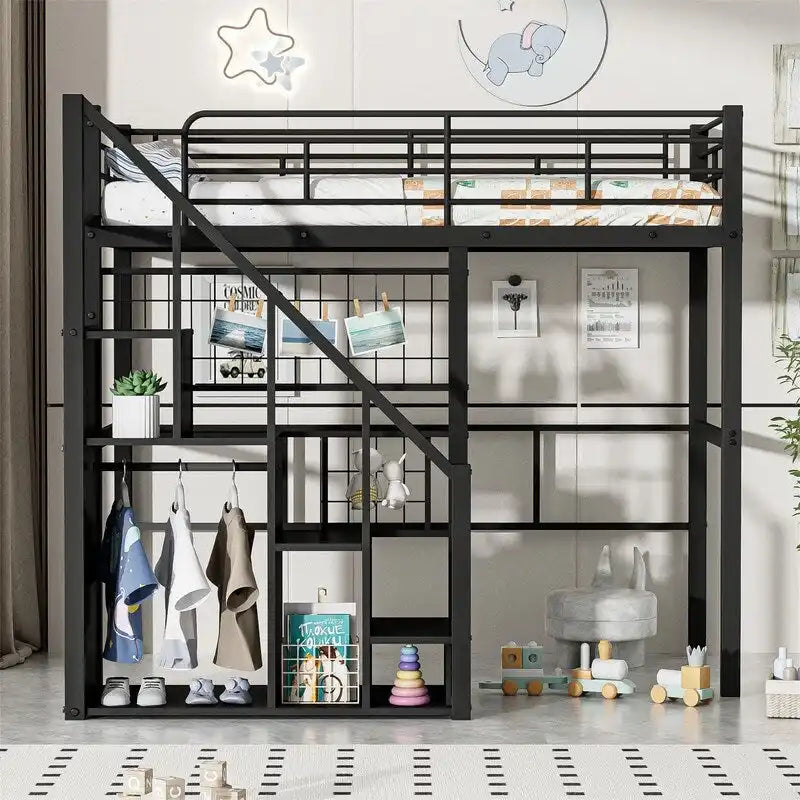 Cama alta de metal con escalera de almacenamiento y pequeño armario, estructura de cama alta individual con rejilla de metal y barandillas para niños