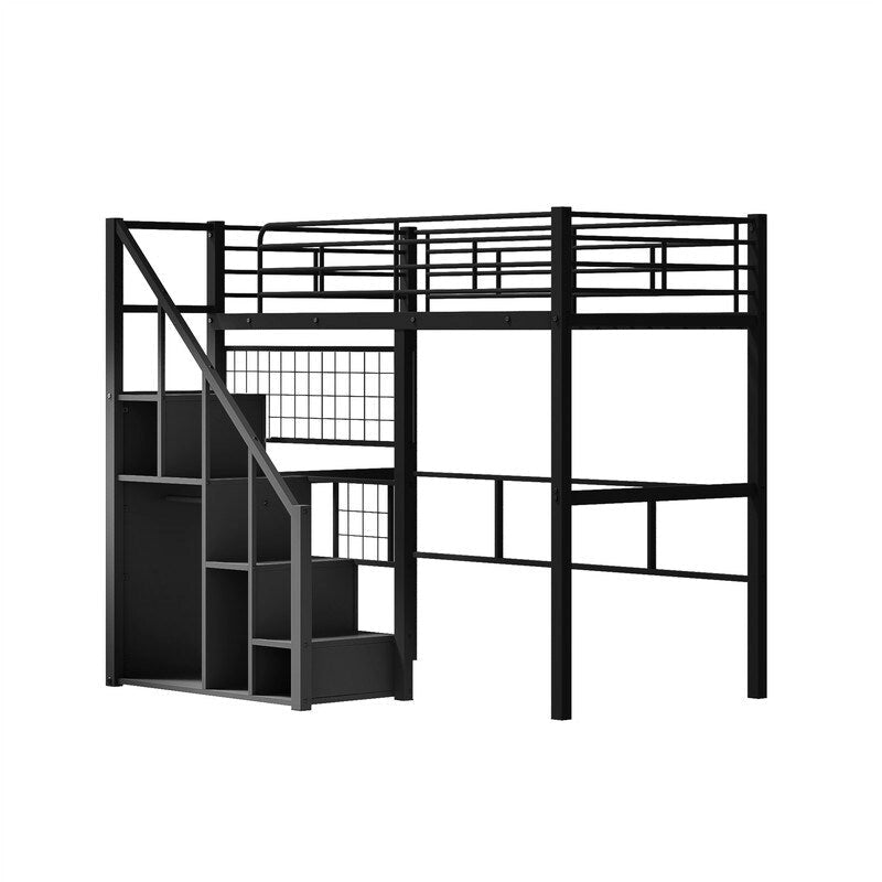 Cama alta de metal con escalera de almacenamiento y pequeño armario, estructura de cama alta individual con rejilla de metal y barandillas para niños