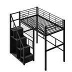 Cama alta de metal con escalera de almacenamiento y pequeño armario, estructura de cama alta individual con rejilla de metal y barandillas para niños