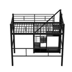 Cama alta de metal con escalera de almacenamiento y pequeño armario, estructura de cama alta individual con rejilla de metal y barandillas para niños