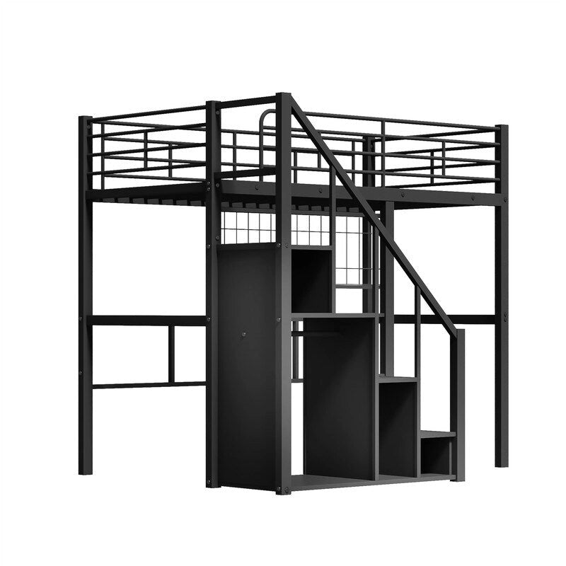 Cama alta de metal con escalera de almacenamiento y pequeño armario, estructura de cama alta individual con rejilla de metal y barandillas para niños