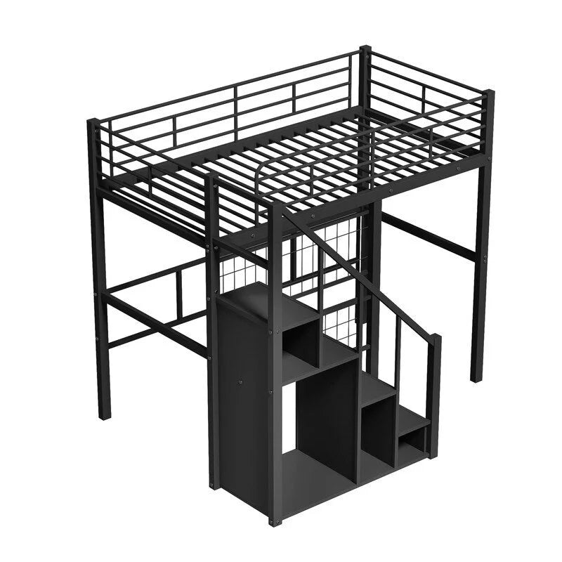 Cama alta de metal con escalera de almacenamiento y pequeño armario, estructura de cama alta individual con rejilla de metal y barandillas para niños