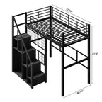 Cama alta de metal con escalera de almacenamiento y pequeño armario, estructura de cama alta individual con rejilla de metal y barandillas para niños