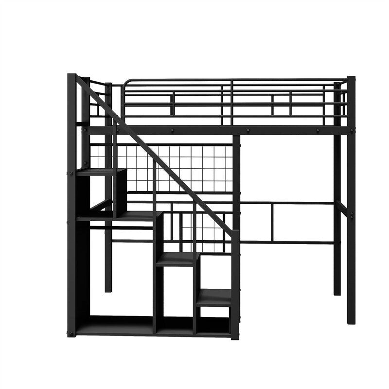 Cama alta de metal con escalera de almacenamiento y pequeño armario, estructura de cama alta individual con rejilla de metal y barandillas para niños