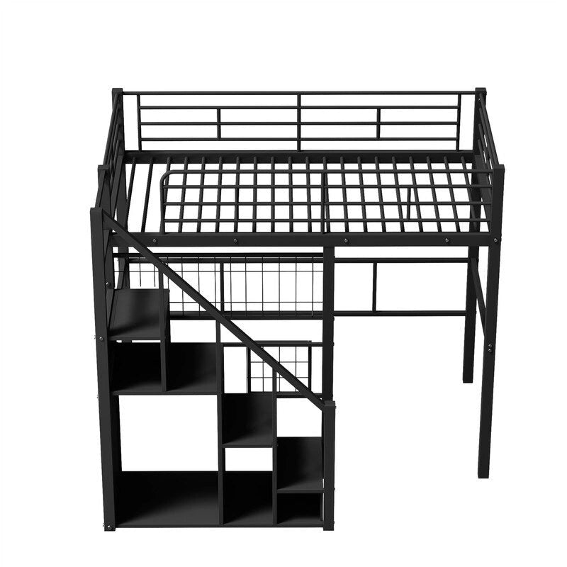 Cama alta de metal con escalera de almacenamiento y pequeño armario, estructura de cama alta individual con rejilla de metal y barandillas para niños