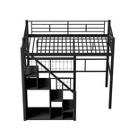 Cama alta de metal con escalera de almacenamiento y pequeño armario, estructura de cama alta individual con rejilla de metal y barandillas para niños