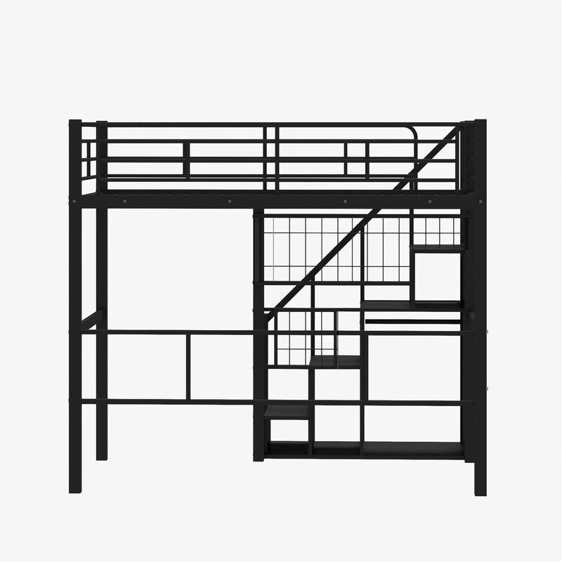 Cama alta de metal con escalera de almacenamiento y pequeño armario, estructura de cama alta individual con rejilla de metal y barandillas para niños