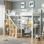 Cama alta de metal con escalera de almacenamiento y pequeño armario, estructura de cama alta individual con rejilla de metal y barandillas para niños
