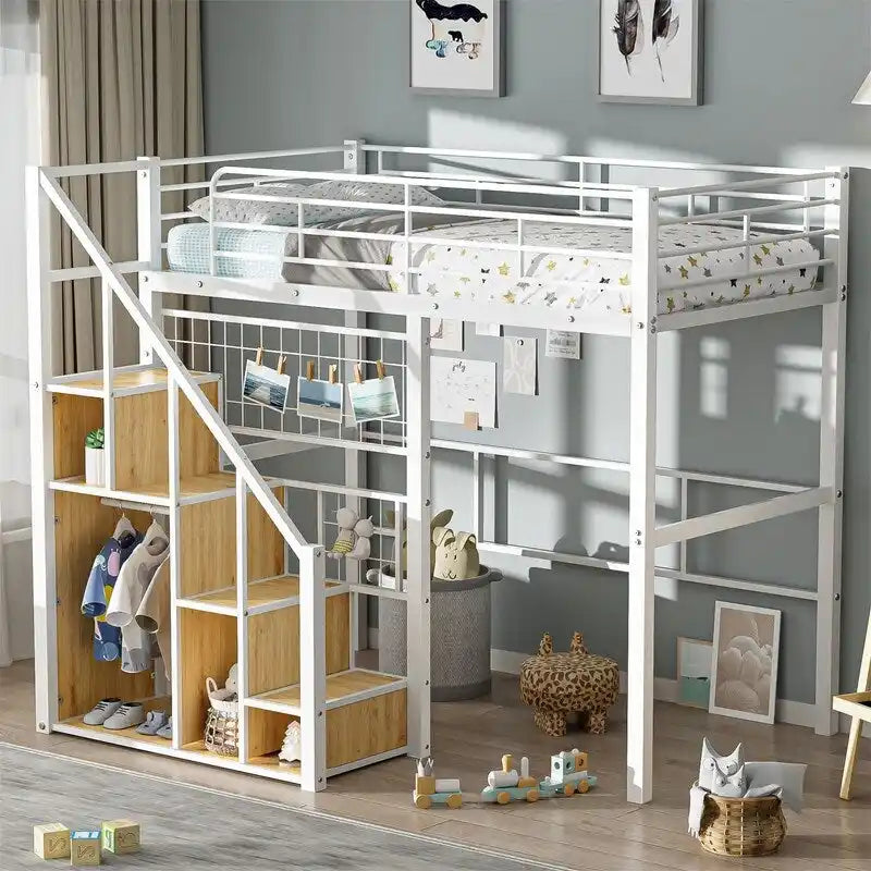 Cama alta de metal con escalera de almacenamiento y pequeño armario, estructura de cama alta individual con rejilla de metal y barandillas para niños