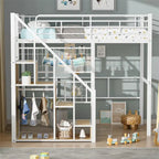 Cama alta de metal con escalera de almacenamiento y pequeño armario, estructura de cama alta individual con rejilla de metal y barandillas para niños