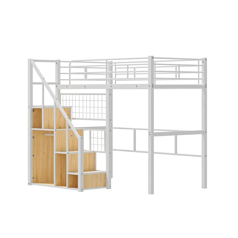 Cama alta de metal con escalera de almacenamiento y pequeño armario, estructura de cama alta individual con rejilla de metal y barandillas para niños