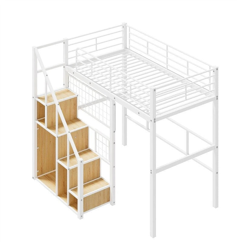 Cama alta de metal con escalera de almacenamiento y pequeño armario, estructura de cama alta individual con rejilla de metal y barandillas para niños