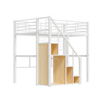 Cama alta de metal con escalera de almacenamiento y pequeño armario, estructura de cama alta individual con rejilla de metal y barandillas para niños