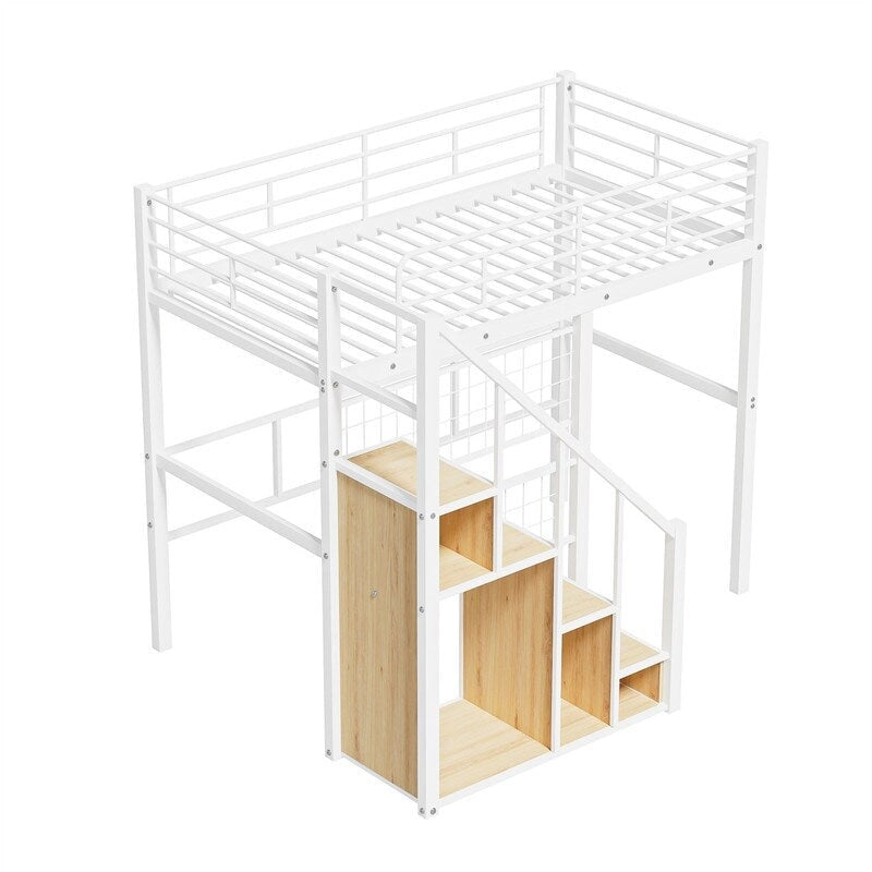 Cama alta de metal con escalera de almacenamiento y pequeño armario, estructura de cama alta individual con rejilla de metal y barandillas para niños