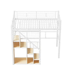 Cama alta de metal con escalera de almacenamiento y pequeño armario, estructura de cama alta individual con rejilla de metal y barandillas para niños