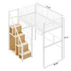 Cama alta de metal con escalera de almacenamiento y pequeño armario, estructura de cama alta individual con rejilla de metal y barandillas para niños