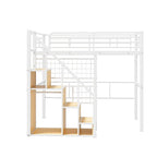 Cama alta de metal con escalera de almacenamiento y pequeño armario, estructura de cama alta individual con rejilla de metal y barandillas para niños