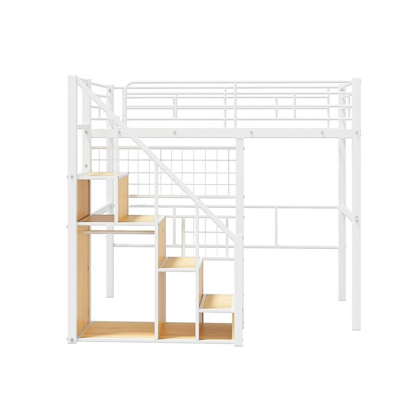 Cama alta de metal con escalera de almacenamiento y pequeño armario, estructura de cama alta individual con rejilla de metal y barandillas para niños