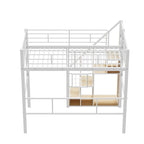 Cama alta de metal con escalera de almacenamiento y pequeño armario, estructura de cama alta individual con rejilla de metal y barandillas para niños